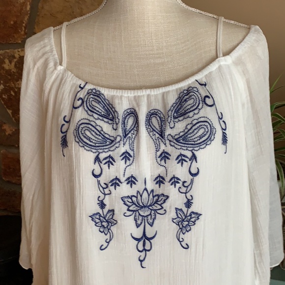 White Tunic Dress with Blue Embroidered Flowers - Picture 2 of 12